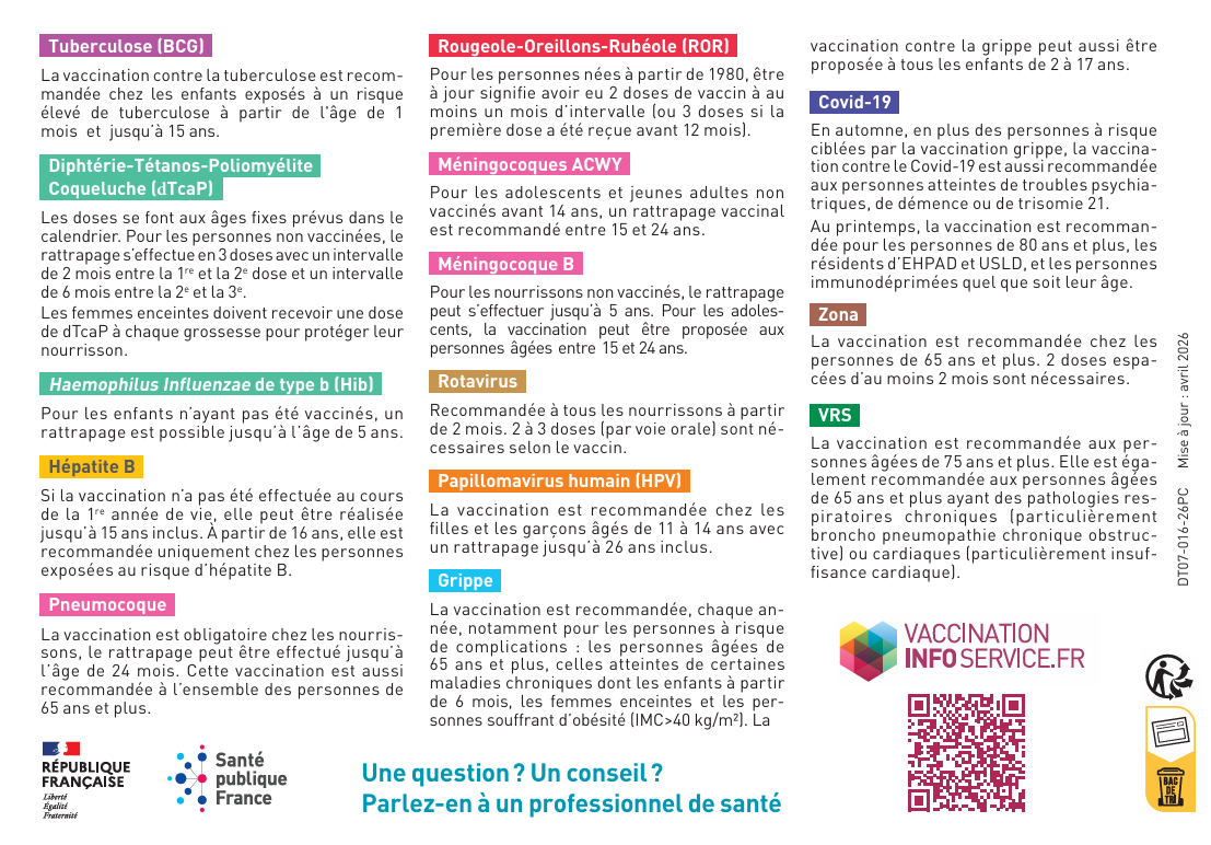 Calendrier de vaccination 2026